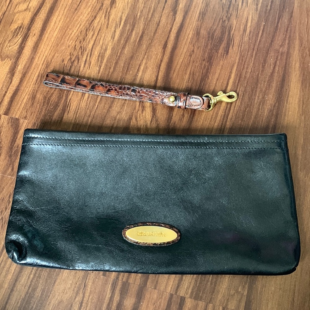 Brahmin black leather clutch with brown/ black detachable strap